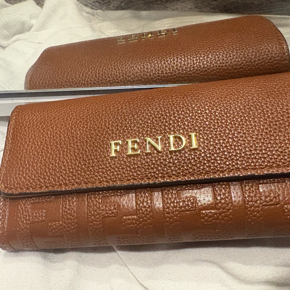 Fendi Tan Leather Clutch with Gold Logo